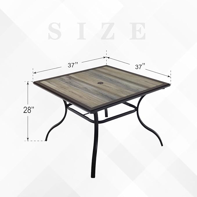 Anmutig Outdoor Dining Table with Square Wooden-Like PVC Table Top and Umbrella Hole for Bistro, Garden, Poolside, Backyard -Laminated Top Black Metal Steel Frame