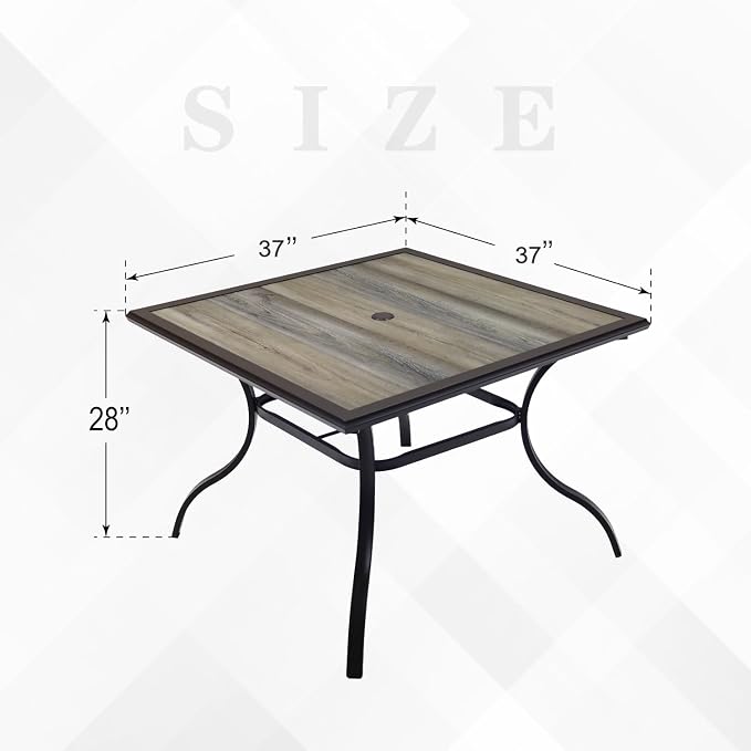 37" Square PVC Patio Dining Table with Brown Metal Steel Frame,Woodlike Top | Brown Metal Steel Frame, Woodlike PVC Top, 37" Square Table, 4 Person Use, 1.9" Umbrella Hole