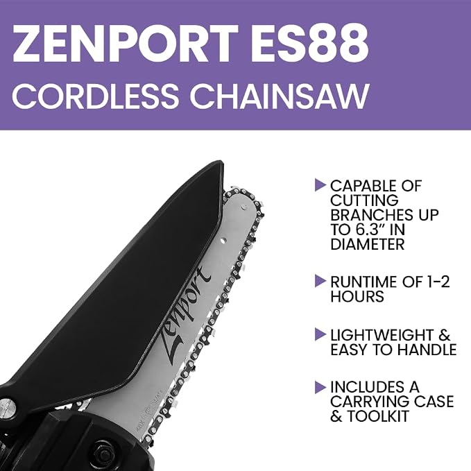 Zenport ES88 Cordless, Electric Chainsaw, 25-Volt Battery, 8-Inch Blade