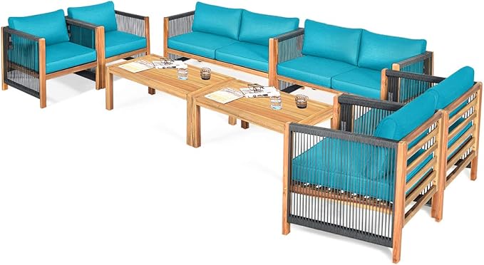 Tangkula Outdoor Wood Furniture Set, Acacia Wood Loveseat Sofa, 4 Single Chairs and 2Coffee Tables, 8 Pieces Conversation Set with Cushions, Garden Balcony Poolside Outdoor Living Set (2, Turquoise)
