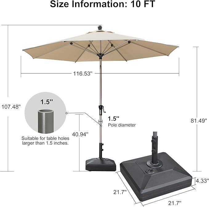 PURPLE LEAF 10' Round Market Umbrella, Patio Umbrella with Base Included, Heavy Duty Outdoor Table Umbrella with Tilt, Aluminum Pool Umbrella for Deck, Garden, or Poolside, Khaki
