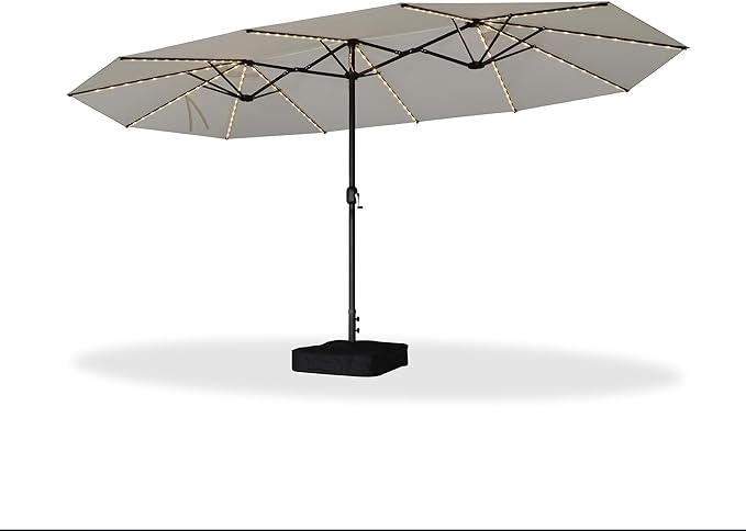 PURPLE LEAF 15ft Patio Market Umbrella with Solar LED and Base Double-Sided Rectangle Outdoor Table Sun Umbrellas with Crank for Pool Beach Deck Backyard Cream