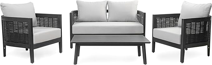 Christopher Knight Home Peron Patio 4-Seater Conversation Set, Sofa/Loveseat, 2 Club Chairs, Coffee Table, Cushion+Back Pillows, Acacia Wood+Wicker, Garden, Backyard, Poolside, Black + Light Grey