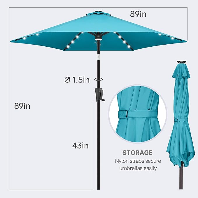 FLAME&SHADE 7.5 FT Solar Light Patio Umbrella, 24 LED Lights Outdoor Umbrella with Centre Surround Light, Table Umbrella Outdoor Patio for Deck, Pool, Backyard, Garden, UV Protection (Aqua Blue)