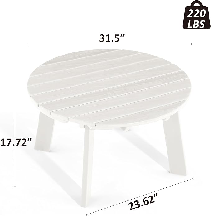 Outdoor Round Coffee Table, Adirondack Patio Coffee Table, Outdoor Large Side Table for Balcony Lawn (White)
