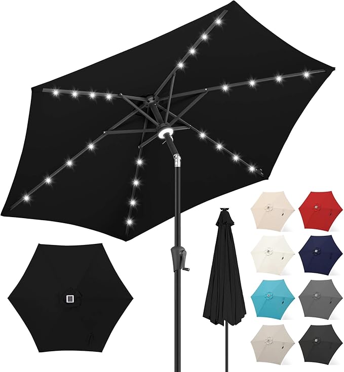 FLAME&SHADE 7.5 FT Solar Light Patio Umbrella, 24 LED Lights Outdoor Umbrella with Centre Surround Light, Table Umbrella Outdoor Patio for Deck, Pool, Backyard, Garden, UV Protection (Black)