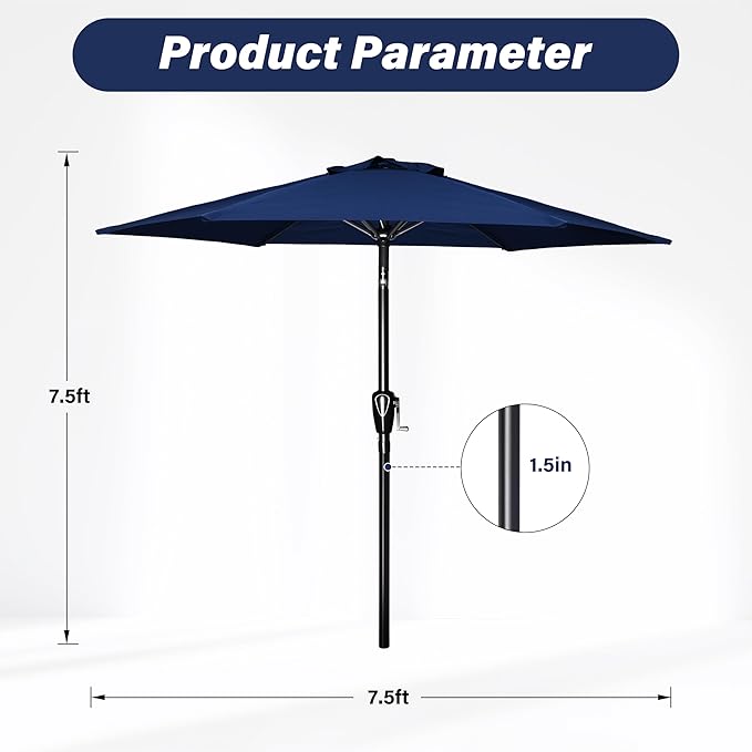 YSSOA 7.5' Patio Umbrella Outdoor Table Market Yard Umbrella with 6 Sturdy Ribs, Dark Blue