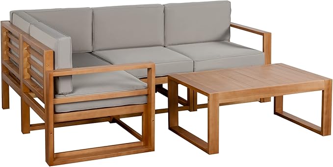 Outsunny 4 Seater L Shaped Patio Furniture Set with Coffee Table and Cushions, Wood Outdoor Sectional Sofa Conversation Set for Garden, Backyard, Porch and Poolside (Gray)