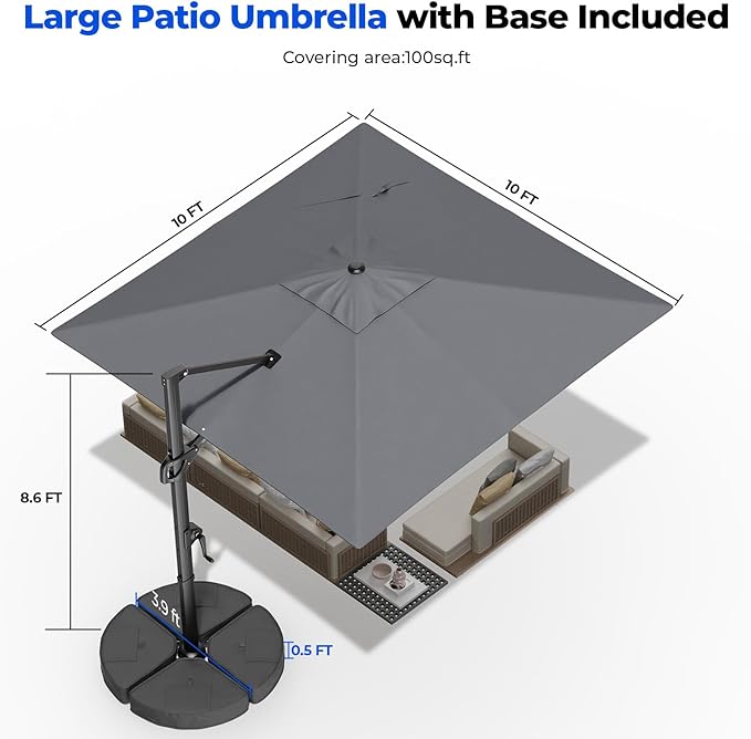 HOMSHADE 10x10 FT Cantilever Patio Umbrella Outdoor with Base- Large Offset Heavy-Duty Aluminum Umbrella with 360° Rotation, 6 Tilts, Windproof, 3-Year Fade Resistance for Pool Deck, Square, Grey