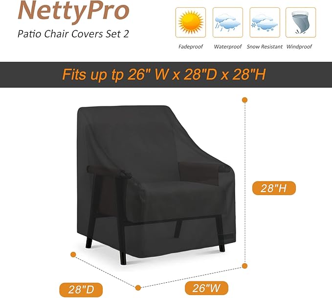 NettyPro Patio Chair Covers Waterproof Outdoor Furniture Swivel Recliner Rocking Lounge Deep Seat Cover, Fits up to 26"W x 28"D x 28"H, 2 Pack, Black