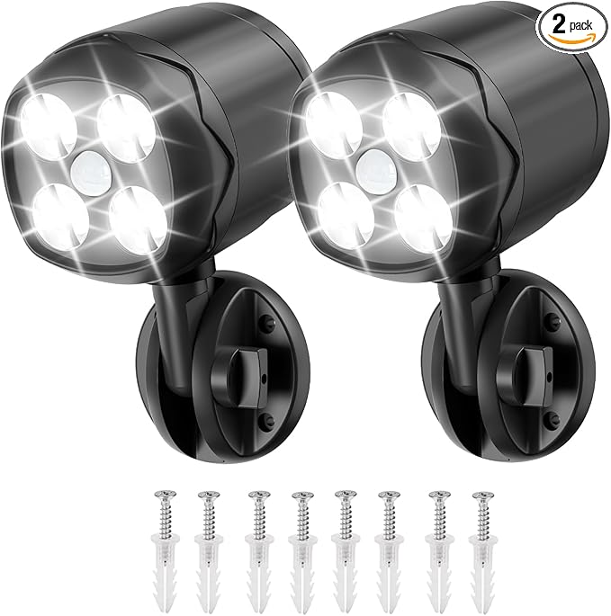 Battery Operated Motion Outdoor Waterproof Lights, 800 Lumen Ultra Bright Battery Powered Night Activation Security Spotlight for Porch, Trash Can, Stairs, Garage (2 Pack)