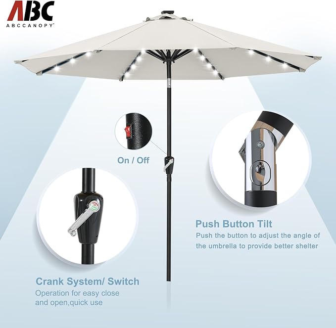 ABCCANOPY Durable Solar Led Patio Umbrellas with 32LED Lights 9FT (Creamy White)