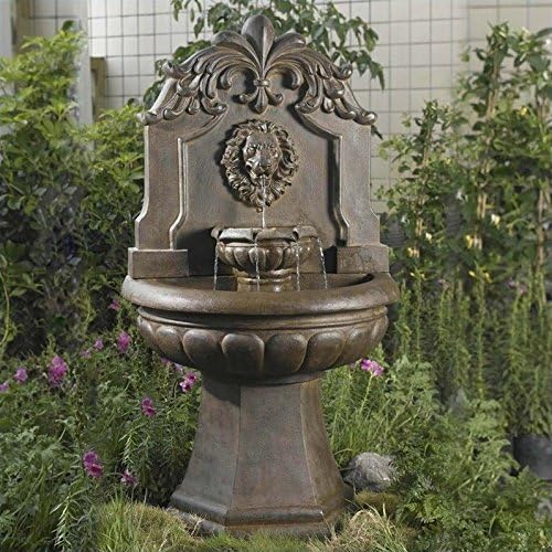 Pemberly Row Copper Lion Head Water Fountain, 60" H x 32" W x 21" D, Polyresin & Fiberglass Construction, Weatherproof, Electric Pump Included, Indoor or Outdoor Use, Stone Look, Tiered Garden Decor