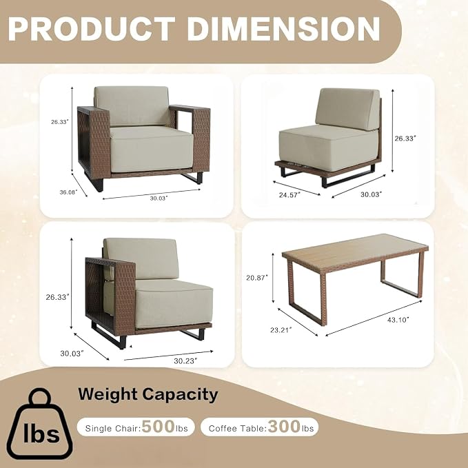 MOCHITO 5 Pieces Outdoor Patio Furniture Sets, All-Weather Sectional Sofa PE Rattan Wicker Conversation Set, Outdoor Patio sectional for Poolside, Porch, Lawn, Garden, Balcony(Beige)