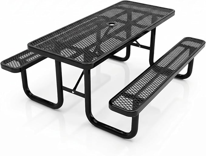 6ft Rectangular Picnic Table – Heavy-Duty Metal Mesh Outdoor Dining Table, Thermoplastic Coated Steel, Outdoor Living, Parks & Schools (Black, 6ft)