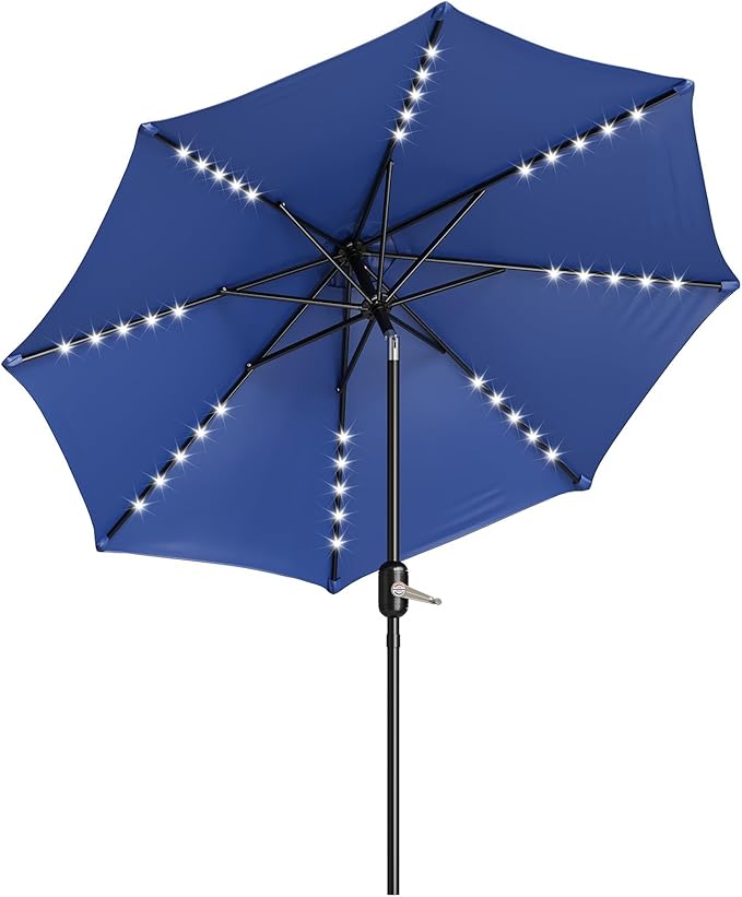 10FT Patio Umbrella with Solar Lights, Outdoor Market Table Umbrella with 8 Ribs, 40 LED Lights and Crank Handle for Pool, Lawn, Garden, Backyard, Navy Blue