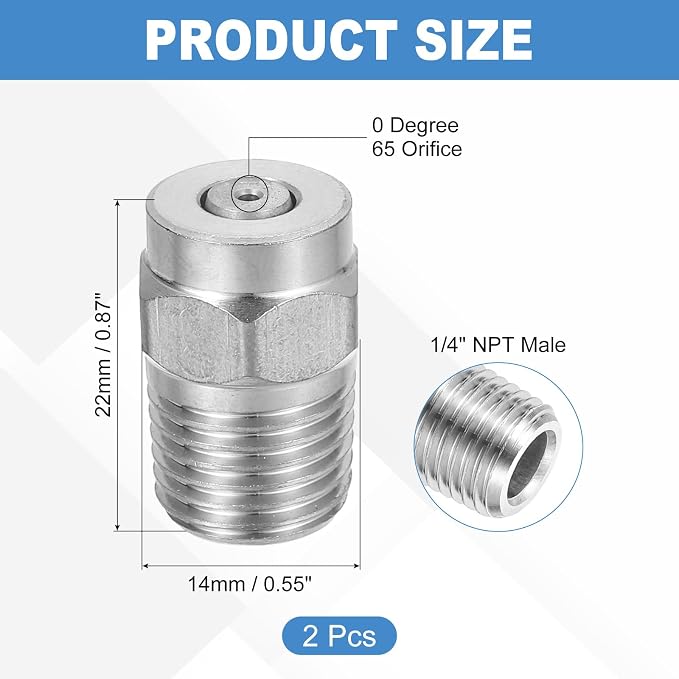 uxcell 2Pcs Pressure Washer Nozzle, Stainless Steel Thread Nozzles Tips, Universal Replacement for Undercarriage Cleaner Water Broom, 1/4 Inch NPT Male, 0 Degree 065 Orifice