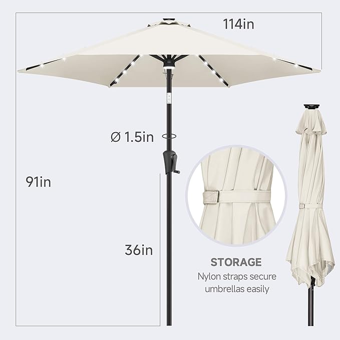FLAME&SHADE 10ft Solar Outdoor Umbrella - 24 LED Lighted Patio Umbrella with Centre Surround Light, Table Umbrellas with Tilt & Crank for Pool, Porch, Garden, Deck, Backyard UV Protection (Ivory)