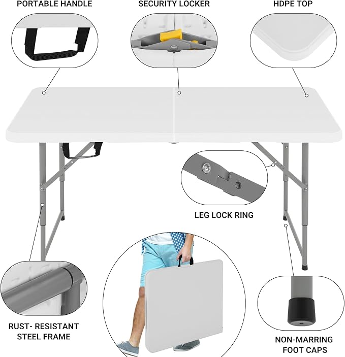 4ft Folding Table and Chairs, Outdoor Folding Chairs Set of 4, Foldable Table with Handle, Tables and Chairs for Parties, Picnic, Event, Indoor Outdoor Activities, at Home and Commercial Use, White
