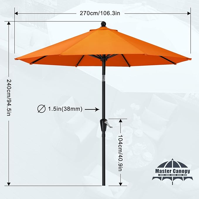 MASTERCANOPY 9FT Patio Umbrella with Push Button Tilt and Crank, Outdoor Market Umbrella with 8 Sturdy Ribs, UV Protection & Waterproof for Garden, Deck, Backyard, Pool (Orange)