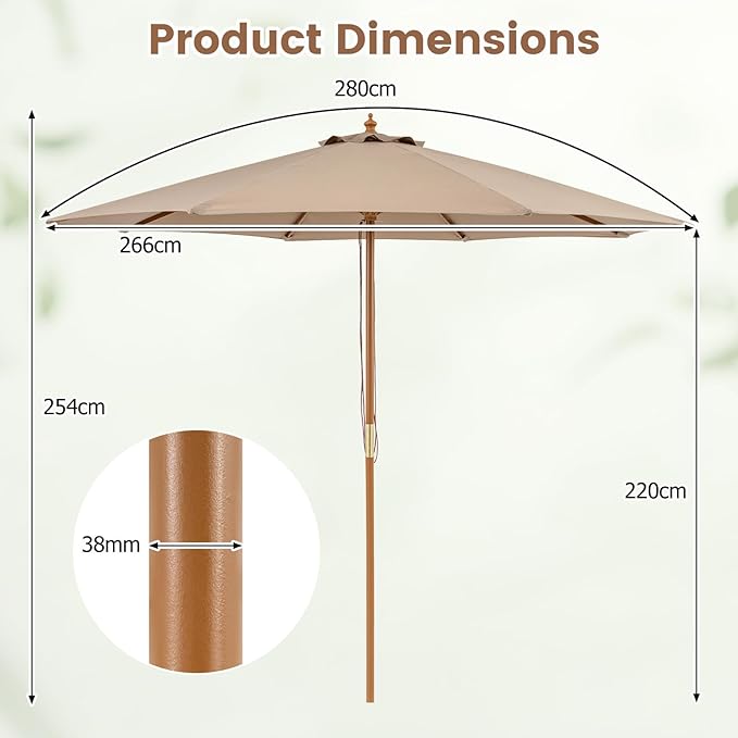 HAPPYGRILL 9 FT Patio Umbrella, Outdoor Table Market Umbrella with 8 Sturdy Bamboo Ribs, Wood Pole, Sun-Protective Double-Tier Canopy, Air Vent, Sunshade Parasol for Garden Deck Backyard Pool (Tan)