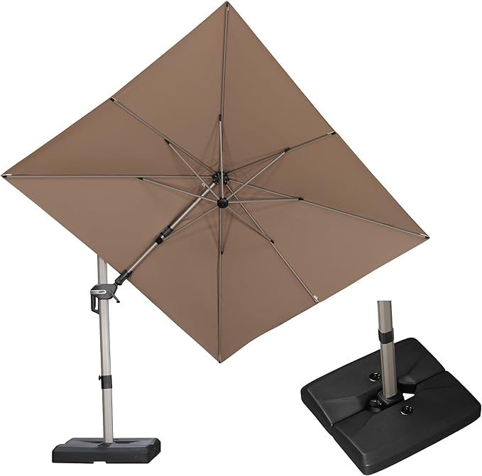 PURPLE LEAF 8' X 10' Left-right Tilting Patio Umbrella with Base Outdoor Swivel Cantilever Offset Aluminum Umbrella with Champagne Frame and 360-degree Rotation for Garden Deck Pool, Taupe