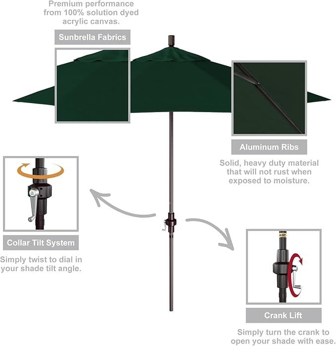 California Umbrella 9' Round Aluminum Market Umbrella, Crank Lift, Collar Tilt, Bronze Pole, Sunbrella Spectrum Cilantro