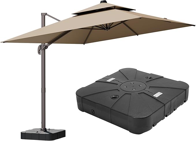 9x12FT Brown Cantilever Outdoor Patio Umbrella with Base, Large Rectangular Offset Design, Double Top Heavy Duty Aluminum Frame & 360° Rotation for Pool Garden Deck Backyard, Beige