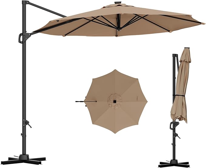 10 Ft Offset Patio Umbrella with Base Included, Round Cantilever Umbrella with UV Protective And Water Resistant Canopy, 360° Rotation, Integrated Tilting System, Beige