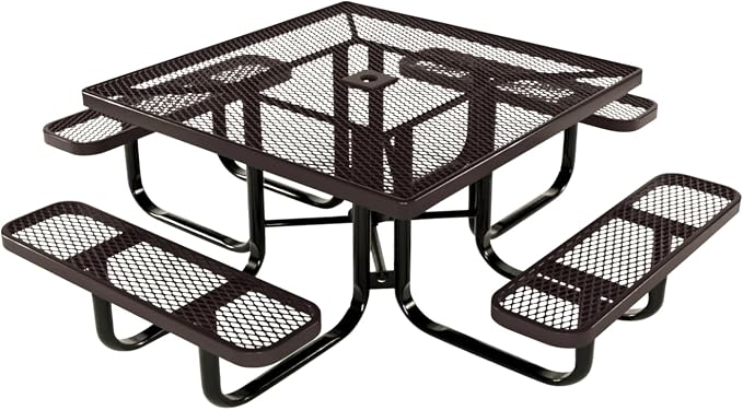 COATEDOUTDOORFURNITURE Heavy-Duty Portable Outdoor Kids Table with Umbrella Hole, Expanded Metal Kids Picnic Table, Commercial-Grade, Made in America (46 in, Square, Childrens, Brown)