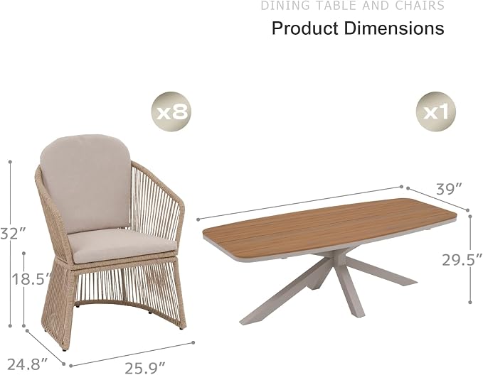 SUNSITT 9 Piece Outdoor Patio Dining Set, Patio Dining Furniture Set with 87” Aluminum Dining Table w/X Base Legs and 8 Woven Wicker Outdoor Patio Chairs w/Curved Armrest for Garden, Beige