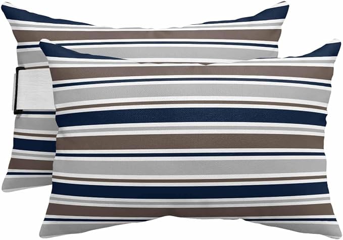 Pack of 2 Outdoor Lumbar Pillow Covers 12x20 Inch, Grey Navy Blue Striped Waterproof Throw Pillow Covers Set, Farmhouse Stripes Modern Abstract Art Outside Decorative Cushion Cases for Patio Porch Car