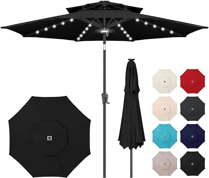 9FT Solar Umbrella Outdoor - 2-Tier Lighted Solar Patio Umbrella with 40 LED Lights Waterproof UV Protection, Table Umbrella with Tilt for Pool, Porch, Garden, Backyard (Black)