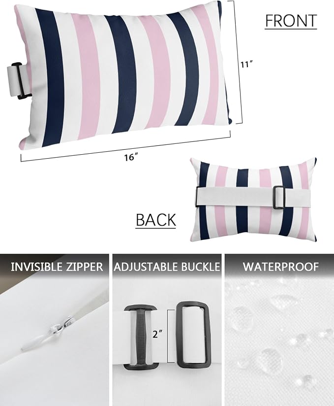 Outdoor Pillows Waterproof Covers Set of 2, Navy Blue Pink Stripes Adjustable Elastic Chaise Lounge Headrest Pillow Covers, Contrast Striped Lumbar Pillow for Pool Patio Furniture 11x16 Inch