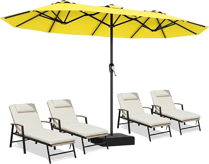 AreShark 15ft Patio Umbrella with Base, Double Sided Outdoor Umbrella with 12 Fiberglass Ribs, Large Outdoor Umbrella for Garden, Pool, Deck, Backyard & Market, Yellow
