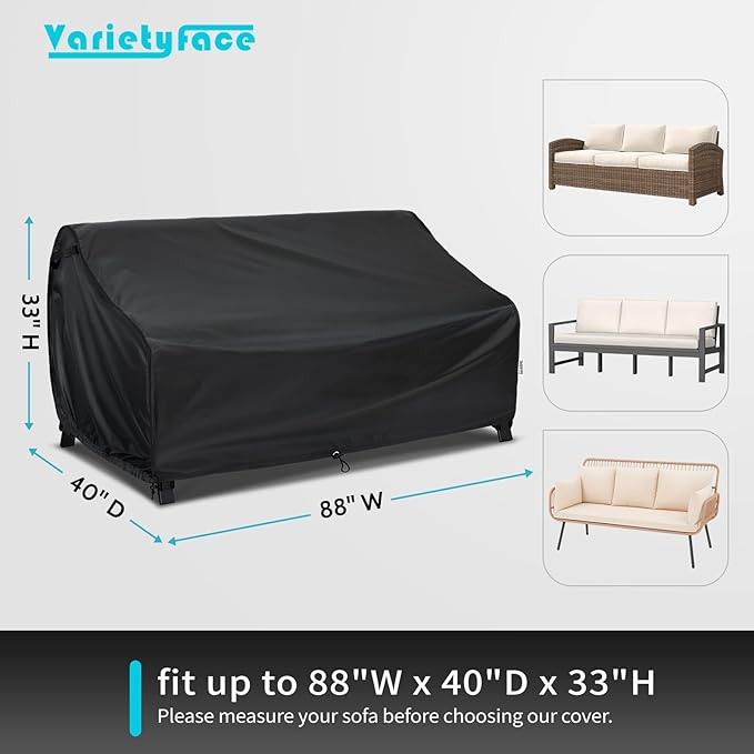 Waterproof 88W×40D×33H Outdoor Sofa Cover - Heavy-Duty 3-Seater Patio Bench Protector, Fits 86-88 Inch Furniture with Anti-Wind Straps & Air Vents, All-Weather Black