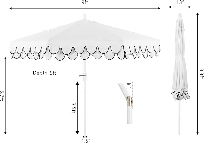 JONATHAN Y Tracy 9 ft. Outdoor Patio Umbrella with Scalloped Edge, Coastal Market Table Umbrella with Crank Lift and Tilt, 8 Sturdy Ribs UV Resistant for Pool, White, White Pole UMB1002D