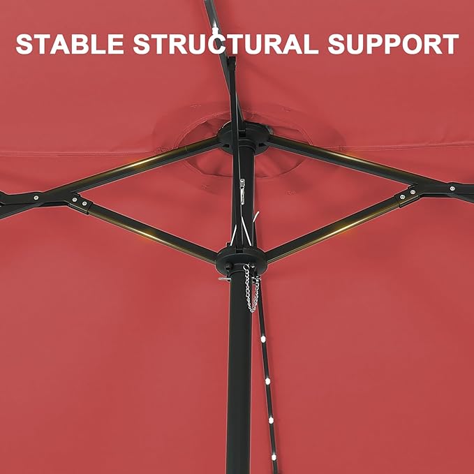 15 ft Patio Umbrella with 48 LED Lights, Large Rectangle Outdoor Solar Umbrella with Matching Base, Strap, Crank, Red