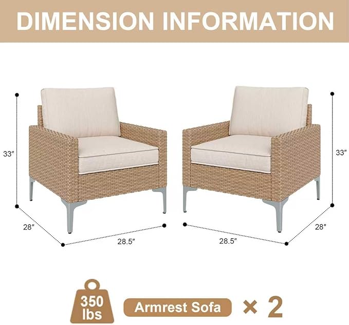 2 Pieces Patio Single Sofa Chairs Outdoor Sofa Armchairs with Anti-Slip Cushions and Waterproof Cover for Balcony,Deck,Beige