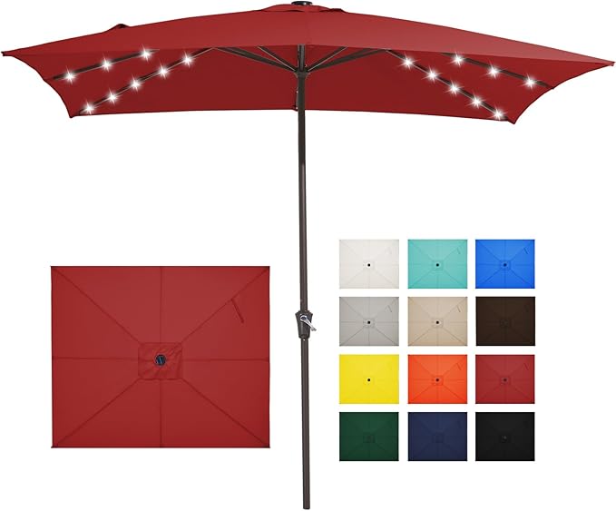 JEAREY 8x10 ft Rectangular LED Lighted Patio Umbrellas Outdoor Solar Table Market Umbrella w/Crank, 8 Sturdy Ribs, UV Protection Waterproof Sunproof(Red)