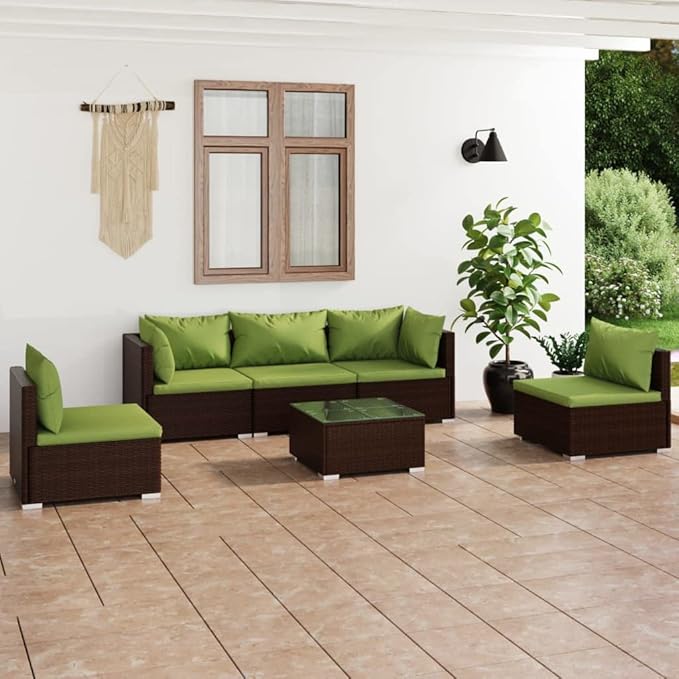 6 Piece Patio Lounge Set with Cushion, Outdoor Patio Sectional Patio Lounge Set Furniture Conversation Sets Piece Patio Set s Poly Rattan Brown