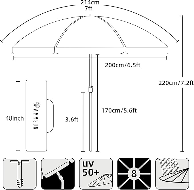 AMMSUN 7 Foot Heavy Duty HIGH Wind Beach Umbrella with sand anchor Vent Tilt Portable Sun Shelter, UV 50+ Sun Protection Outdoor Sunshade Umbrellas Carry Bag for Patio Garden Pool Backyard Multicolor