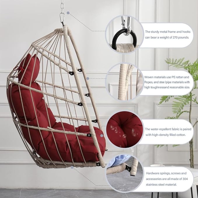 Hanging Egg Chair Without Stand – Foldable Rattan Wicker Swing Chair with Cushion & Headrest, 350lbs Capacity, Ceiling/Tree Mount Kit Included for Indoor Outdoor Use,Red