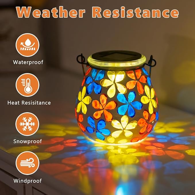 Stargarden 2Pack Mosaic Solar Lanterns, Glass Hanging Lantern Waterproof Outdoor Haning Lights Flower Decorative Table Lamp for Garden ,Patio,Yard Decor