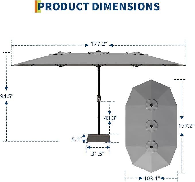 TrailBlaze 15ft Large Patio Umbrella with Base, Outdoor Rectangle Umbrella Double-Sided Market Umbrella with Crank Handle UV Protection Table Umbrellas for Backyard, Deck, Poolside and Garden