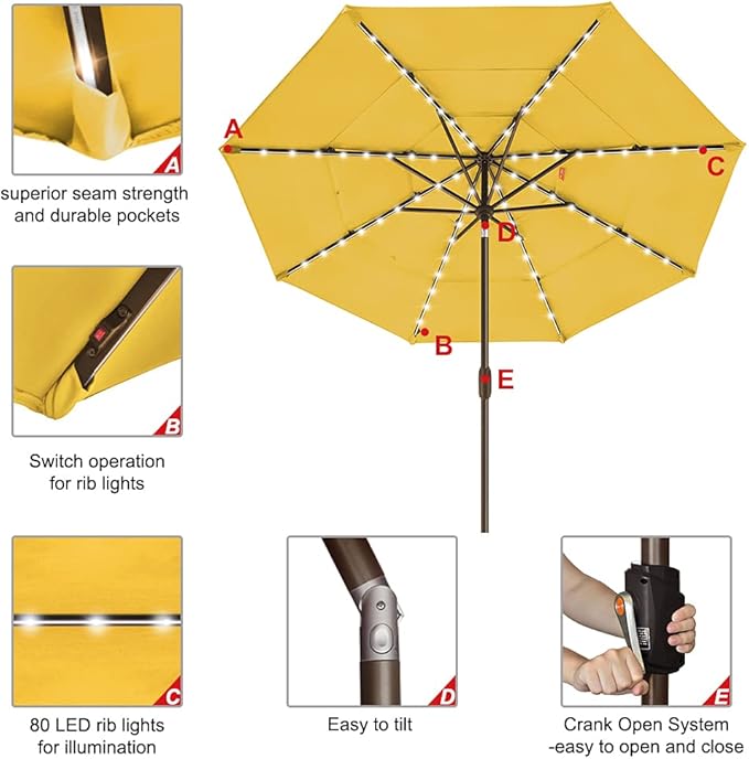 EliteShade USA 10-Year-Non-Fading 9ft 3-Tier Market Patio Umbrella, Commercial Table Umbrella with 80 Solar LED Lights, Crank Open, Windproof & UPF 50+ UV Protection for Garden, Deck, Pool, Backyard, Sunflower Yellow