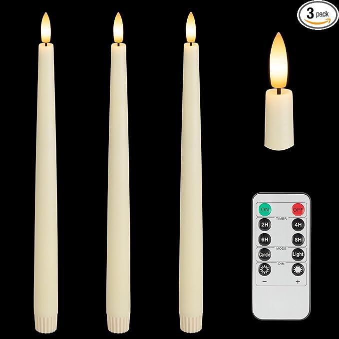 Flameless Taper Candles with 3D Wick, 11.4" Real Wax LED Candles with Remote and Timer, 3 Pack Flickering Candlesticks Battery Operated (Ivory)
