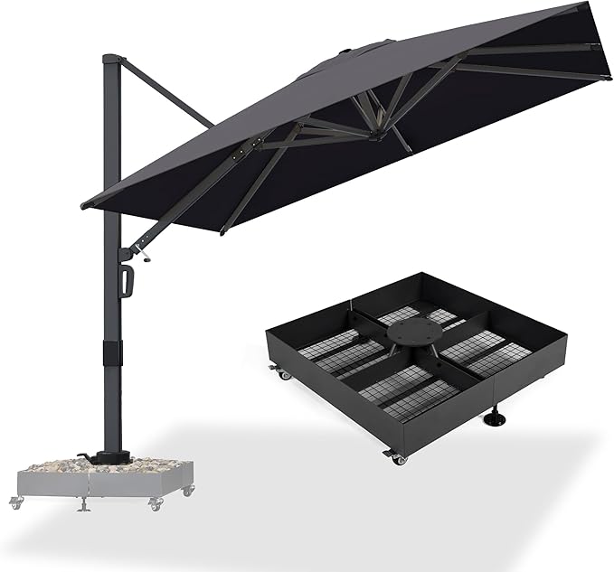 PURPLE LEAF 10 FT Cantilever Umbrella with Wheeled Base Square Large Aluminum Outdoor Offset Patio Umbrella with 360° Rotation for Pool Garden Deck Backyard Grey