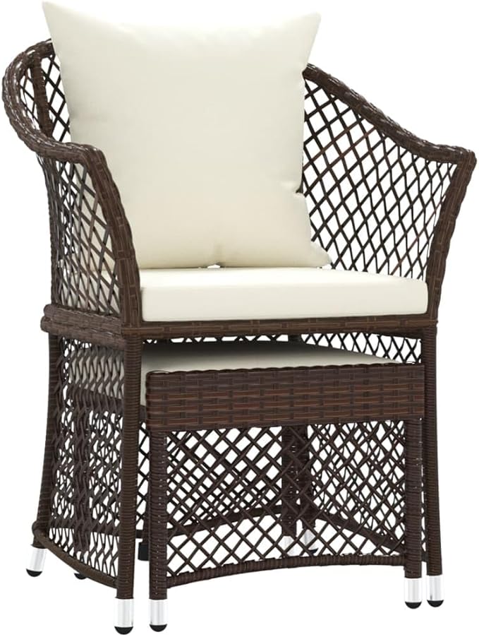 2 Piece Patio Lounge Set of Round Brown and White Poly Rattan Chairs with Steel Frame 16.9 x 16.5 x 14.4 in Small Outdoor Furniture for Balcony Garden Apartment Porch