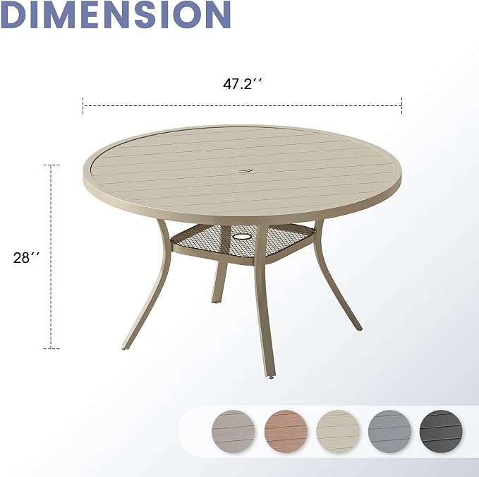 VICLLAX 47.2" Round Patio Table, Outdoor Dining Table for 6 with Umbrella Hole for Garden Lawn Deck Backyard, Sandshell